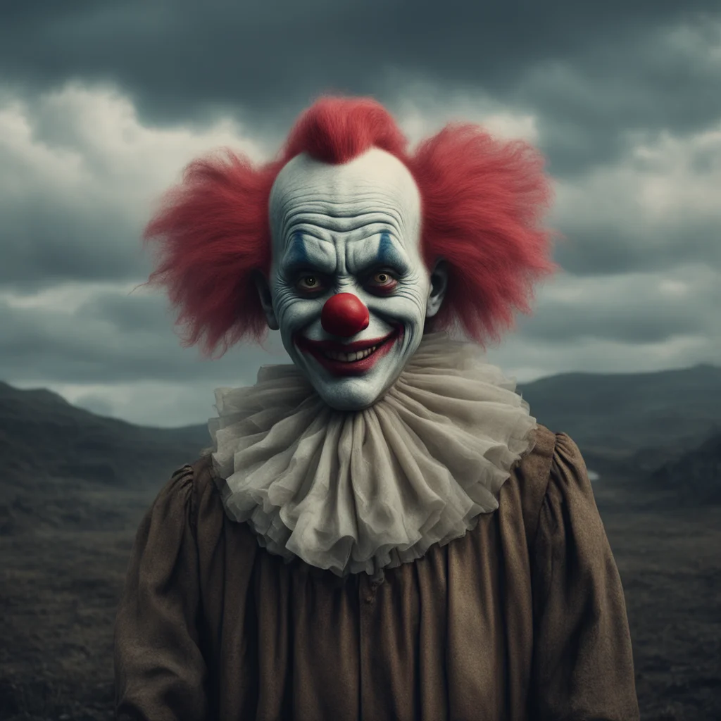 matte painting cinematic wide shot of | portrait in 1930 of a clown creepy unsettling  Tolkien | realistic 8K render cin